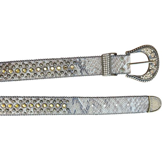 Chico’s Snake Print Leather Belt Small Rhinestone Western Glam Rodeo Y2K Boho - Picture 5 of 6